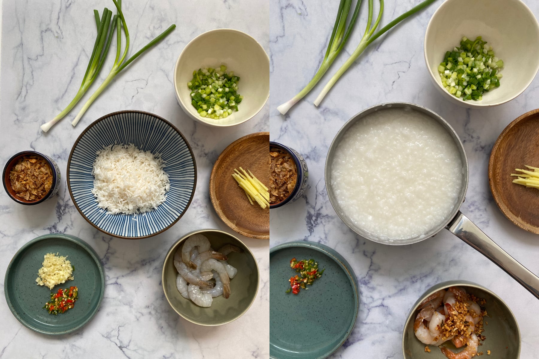 Congee ingredients and cooked congee